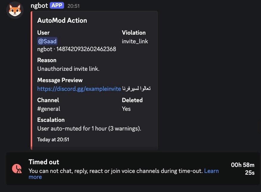 The AutoMod Action card ngbot wrote to the log channel after the member Saad posted an invite link to another server: the violation, the reason, the text of the deleted message, the channel, that it was deleted, and that the member was muted for an hour because it was their third warning. Below it is the Discord bar that tells the member they are timed out.