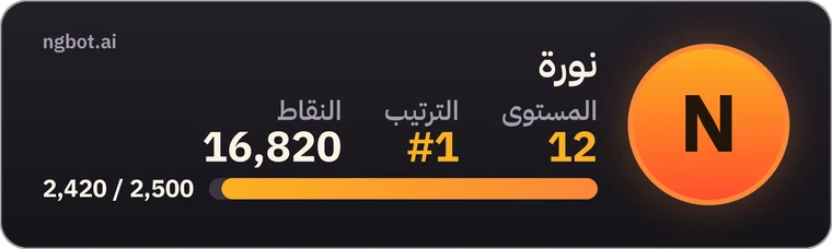 بطاقتا مستوى يرسمهما ngbot لعضوين توضيحيين: نورة في المستوى 12 والمرتبة 1، وفيصل في المستوى 10 والمرتبة 2.